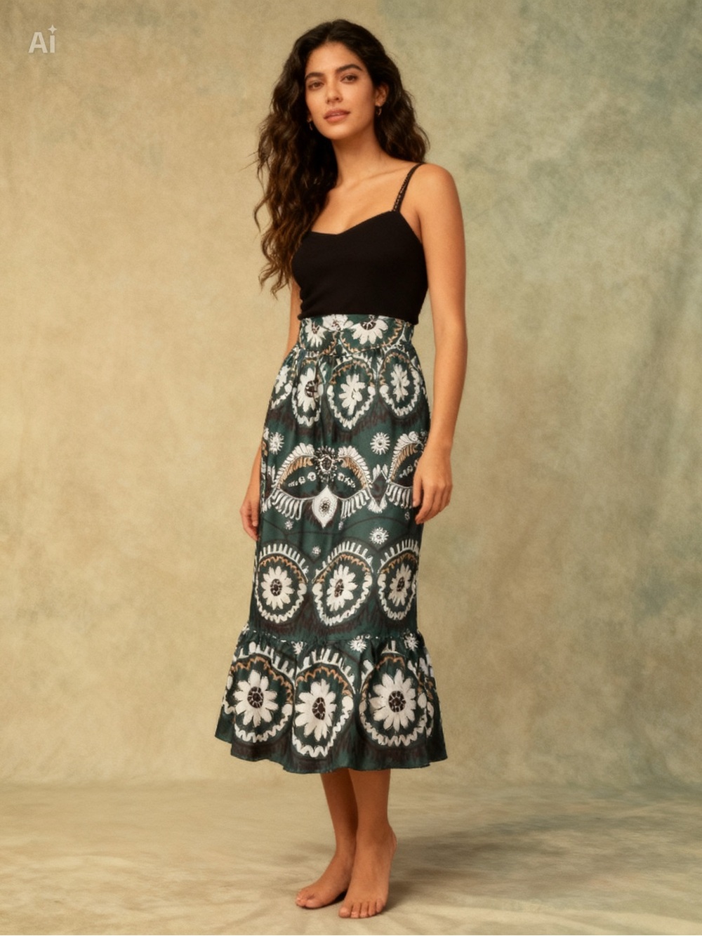 Philosophy Dark Green Floral Embroidered Midi Skirt